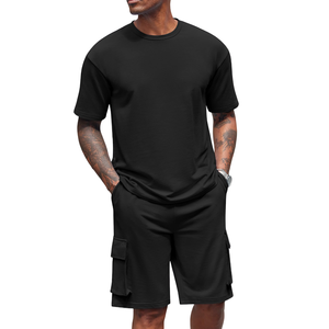 Conjunto corto de 2 piezas para hombre, camiseta de verano de manga corta con cuello redondo y pantalones cortos con cordón, estilo casual. - Product Image 4