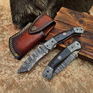 Navaja de bolsillo plegable de acero de Damasco hecha a mano con mango de hueso de camello auténtico, 7 pulgadas de largo, OEM/ODM disponible, cuchillo para camping - Product Image 1