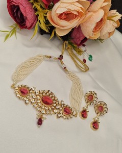 Traditional Gold Plated Kundan Choker Necklace <b>Pearl</b> Work Necklace <b>Set</b> For Every Function Occasion For Womens And Girls Wholsale - Product Image 6