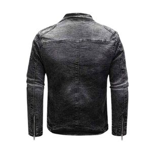 Veste en jean noir délavé pour homme, personnalisée, entièrement zippée, à manches longues, col montant, style streetwear décontracté - Product Image 2
