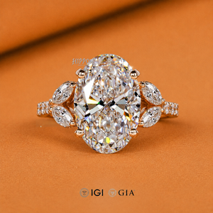 Bague de fiançailles ovale de 3,00 carats, diamants marquise et ronds sur les côtés, alliance de mariage cathédrale, certifiée IGI, bague de demande en mariage - Product Image 1