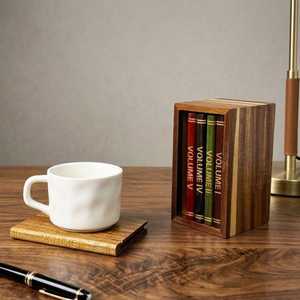 Wooden Book Coaster Set: Vintage Bookshelf Drink <b>Mats</b> Dark Academia Decor Book Lover Gift - Product Image 3