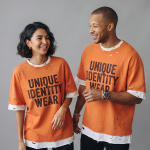 Oversized Distressed <b>Orange</b> T <b>Shirt</b> Double Layer Sleeve O Neck Streetwear Letter Graphic Tee Summer Fashion Distress Tee <b>Men</b> - Product Image 3