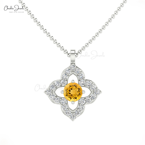 Latest Design Handcrafted 14k <b>Solid</b> <b>Gold</b> Floral <b>Pendant</b> Prong Set 3mm Citrine Gemstone & Diamond Minimalist Necklace for Women - Product Image 1