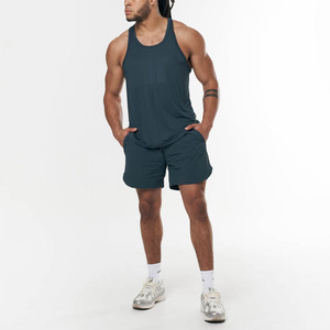 Ensemble débardeur et short tricoté respirant à séchage rapide de couleur unie pour homme, col en V, style décontracté urbain, idéal pour l'entraînement - Product Image 1