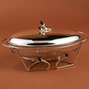 Elegant Oval Shafing Dish Glass Food Warmer Metal Stand & Multi Colour Floral Finial Lid <b>Buffet</b> <b>Server</b> For Party Catering Events - Product Image 4