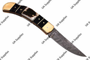 มีดพับเหล็กดามัสกัสทำมือ ปลายคมแบบคลิปพอยต์ ด้ามทำจากเขาสัตว์และทองเหลือง สำหรับพกพา แคมป์ปิ้ง กิจกรรมกลางแจ้ง EDC รับผลิตแบบ OEM ODM - Product Image 3