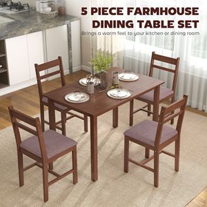 5-Piece Light <b>Brown</b> Farmhouse Dining Room Set Solid Wood 4-Seater <b>Table</b> with Upholstered Chairs - Product Image 4