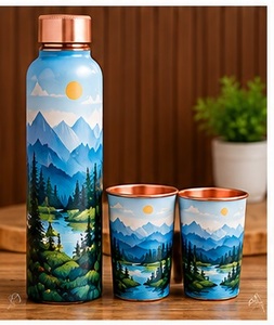 Botella de Agua de Cobre Hecha a Mano con 2 Tazas a Juego, a Prueba de Fugas, con Grabado Floral Moderno, Libre de BPA, Juego de Termos para Oficina - Product Image 3