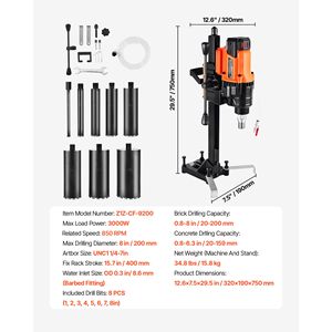 Trapano carotatore diamantato da 0,8-8 pollici per calcestruzzo a secco e a umido con 8 punte, macchina per carotaggio a montaggio su supporto - Product Image 6