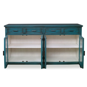Armoire de salon rustique en bois bleu sarcelle avec 4 tiroirs et 4 étagères de rangement à portes vitrées - Product Image 5