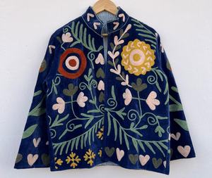 Chaqueta Bomber de Terciopelo Bordada con Diseño Suzani |   Diseño Floral Bohemio |   Abrigo de Punto Transpirable para Invierno |   Regalo para Ella |   Ropa Festiva - Product Image 1