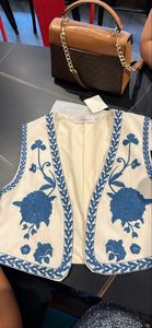 <b>Women's</b> Bohemian Embroidered Floral Canvas Vest Open Front Collarless Breathable Button <b>Waistcoat</b> <b>Blue</b> Pattern Woven Short - Product Image 4