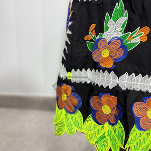 Jupe noire brodée florale traditionnelle en gros pour femme, taille élastique, style bohème, robe midi d'été, motif ethnique feuille, jupes décontractées - Product Image 6