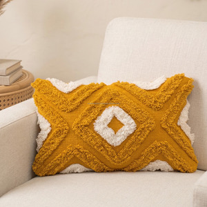 Ethnic Tribal Tufted Cushion Cover 12x20 Yellow White Diamond Pattern Textured <b>Pillow</b> Case <b>Sofa</b> Decor Accent Tufted Pillowslip - Product Image 1