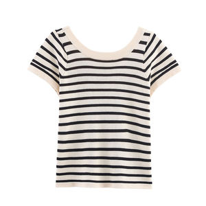 T-shirt décontracté d'été pour femme, col rond, rayures horizontales, coupe ajustée, extensible, style marin, ivoire et noir, collection 2026 HD - Product Image 1