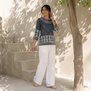 Women Cotton Kurta Round Neck Three Quarter Sleeve Printed Loose Fit Short <b>Kurti</b> Casual Ethnic Daily Wear <b>Indian</b> Summer Fashion - Product Image 4