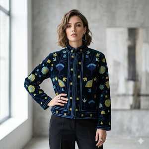 Suzani Embroidered Quilted Knitted Velvet Bomber <b>Jacket</b> Handcrafted Floral Boho Statement Wear Full Sleeve Eco-Friendly Autumn - Product Image 4