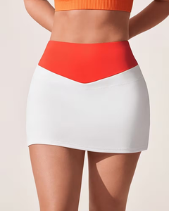 High Waist Color Blocked A-Line Mini Skirt Women Sporty Breathable Stretch Skirt White Red Spandex Polyester - Product Image 5