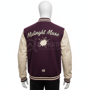 Veste universitaire pour homme, couleur crème et bordeaux, manches en cuir, broderie M48, style preppy, col rabattu, automne, grande taille - Product Image 5