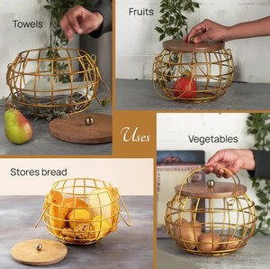 Gold Metal <b>Wire</b> Fruit <b>Basket</b> with Wooden Lid | Decorative Storage Fruit Bowl | Modern Kitchen Organizer - Product Image 3