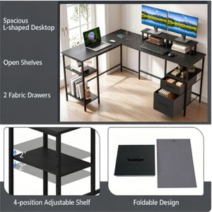 "L-Shaped Corner Desk with Reversible Monitor <b>Stand</b> Foldable Fabric Drawers 4-Position Adjustable Shelf <b>PC</b> Desk Compatibility" - Product Image 3