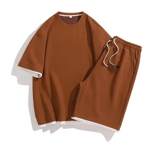 Ensemble t-shirt et short en coton noir pour homme, col rond, couleur unie, vêtements décontractés d'été, tissu respirant en maille - Product Image 5