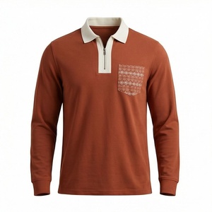Polo à manches longues pour homme en coton tricoté, couleur rouille, avec poche, coupe classique, respirant, design uni - Product Image 1