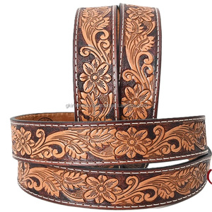 Cinturón de Cuero Occidental de Lujo con Grabado Artesanal, Diseño de Hojas Vaqueras y Hebilla de Latón con Flores, Longitud Personalizada - Product Image 3
