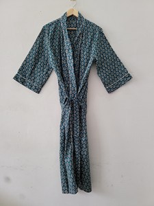 Robe Kimono en Coton Écologique Imprimé Flock, Loungewear Indigo, Taille Haute, Col en V, Motif Floral, Légère et Asymétrique - Product Image 4