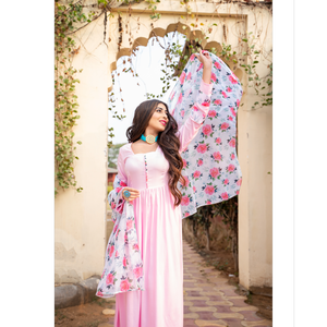 Conjunto de Traje de Chifón Rosa Transpirable para Mujer, Estilo Indio-Pakistaní, con Mangas de Organza y Dupatta Sólida Elegante, Ideal para el Verano - ¡Venta Caliente! - Product Image 1