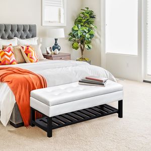 Banco Otomano de Almacenamiento Tapizado en Cuero Sintético Blanco de 44 Pulgadas con Zapatero - Product Image 2