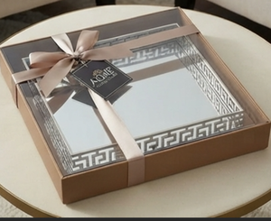 Premium <b>Square</b> <b>Mirrored</b> Serving Tray With Geometric Pattern Polished Metal Finish Elegant Design For Residential Use - Product Image 6