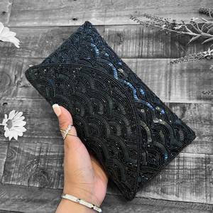 Black Beaded Envelope Clutch Jewelry Bag Magnetic <b>Snap</b> Closure Lightweight Modern Luxury Jewelry Storage Pouch Lined Interior - Product Image 1