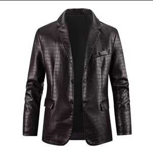 Men's Black Genuine Leather Breathable <b>Jacket</b> Stand Collar Zipper Closure High Street Style Winter <b>Smart</b> Casual Fit Regular - Product Image 3