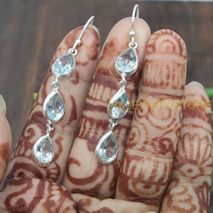 Boucles d'oreilles pendantes en argent sterling 925 avec topaze bleue en forme de poire, faites à la main, bijoux pour femmes, cadeau pour maman, petite amie - Product Image 6