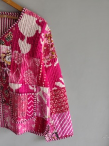 Pink Quilted <b>Patchwork</b> <b>Jacket</b> Women's V-Neck Three Quarter Sleeve Cotton Spring Style Regular Length Hand Embroidery Design gift - Product Image 3