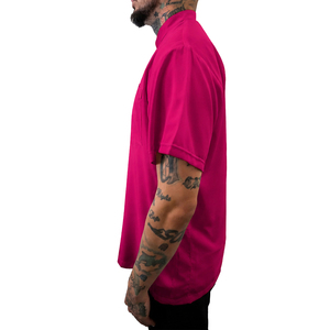 Pink Short Sleeve Barber Shirt with Chest Pocket and <b>Stand</b> Collar for Men - Product Image 4