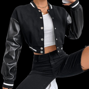 Black <b>Short</b> Knitted Cropped Varsity College Baseball Women's Wool Blend Cowhide Leather Sleeves Streetwear Fashion Outerwear OEM - Product Image 1