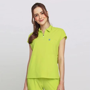Haut de blouse médicale unisexe vert lime à manches courtes, col polo, en tissu polyester tissé, uniforme d'hôpital avec couleur et logo personnalisables - Product Image 1