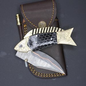 Personalized Handmade <b>Copper</b> Damascus Artistic Fish Folding Pocket Knife Collectible EDC Multi-Functional Camping Hunting Knife - Product Image 2