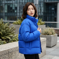 Blouson matelassé unisexe en toile bleue, col montant, fermeture éclair, imperméable, coupe-vent, polyester standard, hiver, décontracté, devant