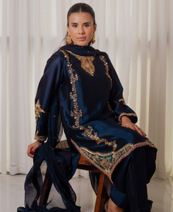 Premium Midnight Navy <b>Blue</b> Silk Kurta Pant Set Dupatta 3 Piece Heavy Hand Embroidered Salwar Kameez Luxury Traditional Party - Product Image 1