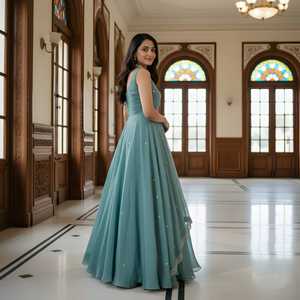 คอลเลคชั่นชุดเดรส Anarkali สำหรับงานปาร์ตี้และงานเทศกาลสำหรับผู้หญิงรุ่นล่าสุด ผ้าซาตินไหมแท้ พร้อมงานปักเลื่อม - Product Image 5