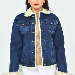 Veste en jean pour femme à manches longues en coton fabriquée au Pakistan 2026 avec col en fausse fourrure de laine, style streetwear décontracté - Product Image 2