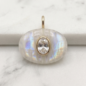 Pendentif en Pierre de Lune Arc-en-ciel AAA, Incrustation Ronde de Zircon, Anneau en Vermeil Or 18 carats, Breloques en Pierres Précieuses Incrustées en Gros, Fabricant Indien, 21mm - Product Image 3