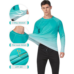 Aesthetic <b>Men</b> Gradient Turquoise White Rash Guard Quick Dry UPF 50 Long Sleeve Performance Ombre Swim Shirt - Product Image 4