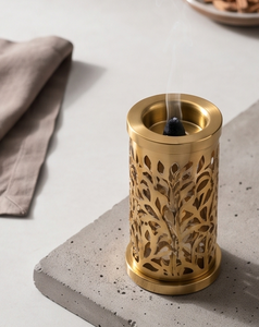 Gold Iron Incense Holder Cylindrical Tower Censer Leaf <b>Vine</b> Cutout Aromatherapy Diffuser - Product Image 5