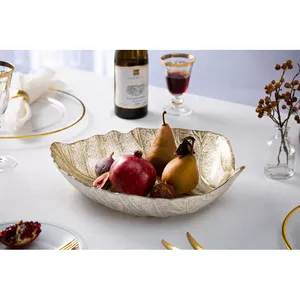 Premium Sculptural <b>Metal</b> Fruit <b>Bowl</b> with Asymmetric Organic Construction and Warm Brass Inspired FinishLeaf Shaped Ceramic Decor - Product Image 3