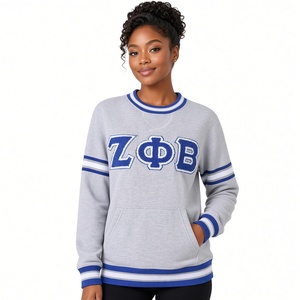 Sudadera de cuello redondo de chenilla gris Zeta Phi Beta para mujer, jersey de forro polar gris jaspeado con letras griegas y bolsillo canguro a rayas - Product Image 3